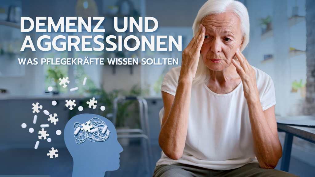 Ältere Frau mit besorgtem Gesichtsausdruck, daneben Symbolbild eines Gehirns mit Puzzleteilen – Darstellung zum Thema Demenz und Aggressionen.