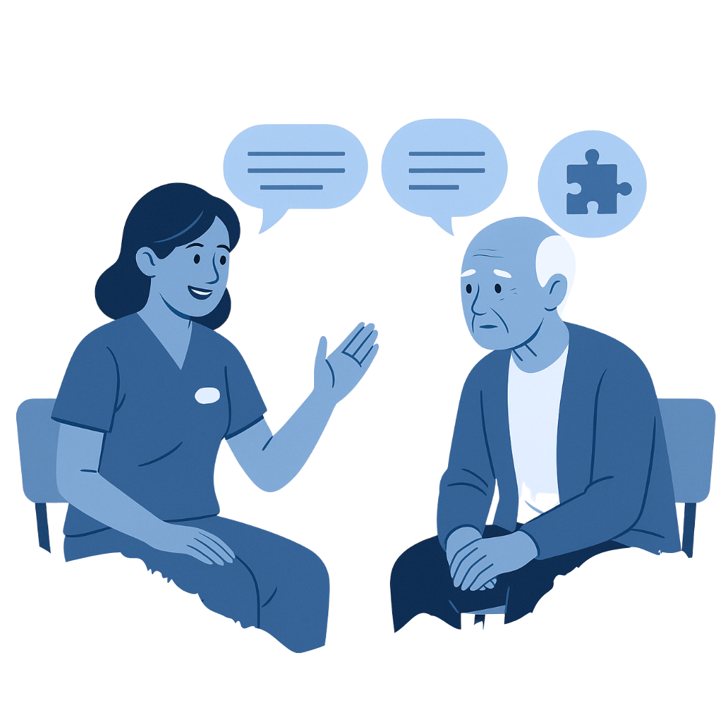Pflegekraft im Gespräch mit demenziell erkranktem Patienten – Kommunikation als Schlüssel im Pflegealltag.