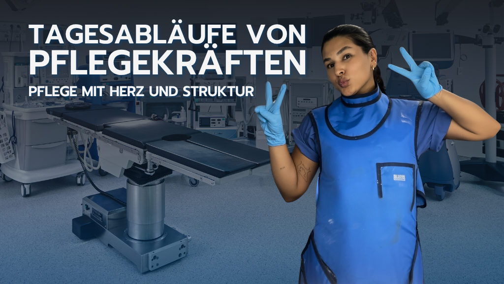 Aleyna, Gesundheits- und Krankenpflegerin bei easyCare, zeigt mit einem Lächeln, was Pflege mit Herz und Struktur bedeutet. Im Hintergrund: moderner Klinikarbeitsplatz.