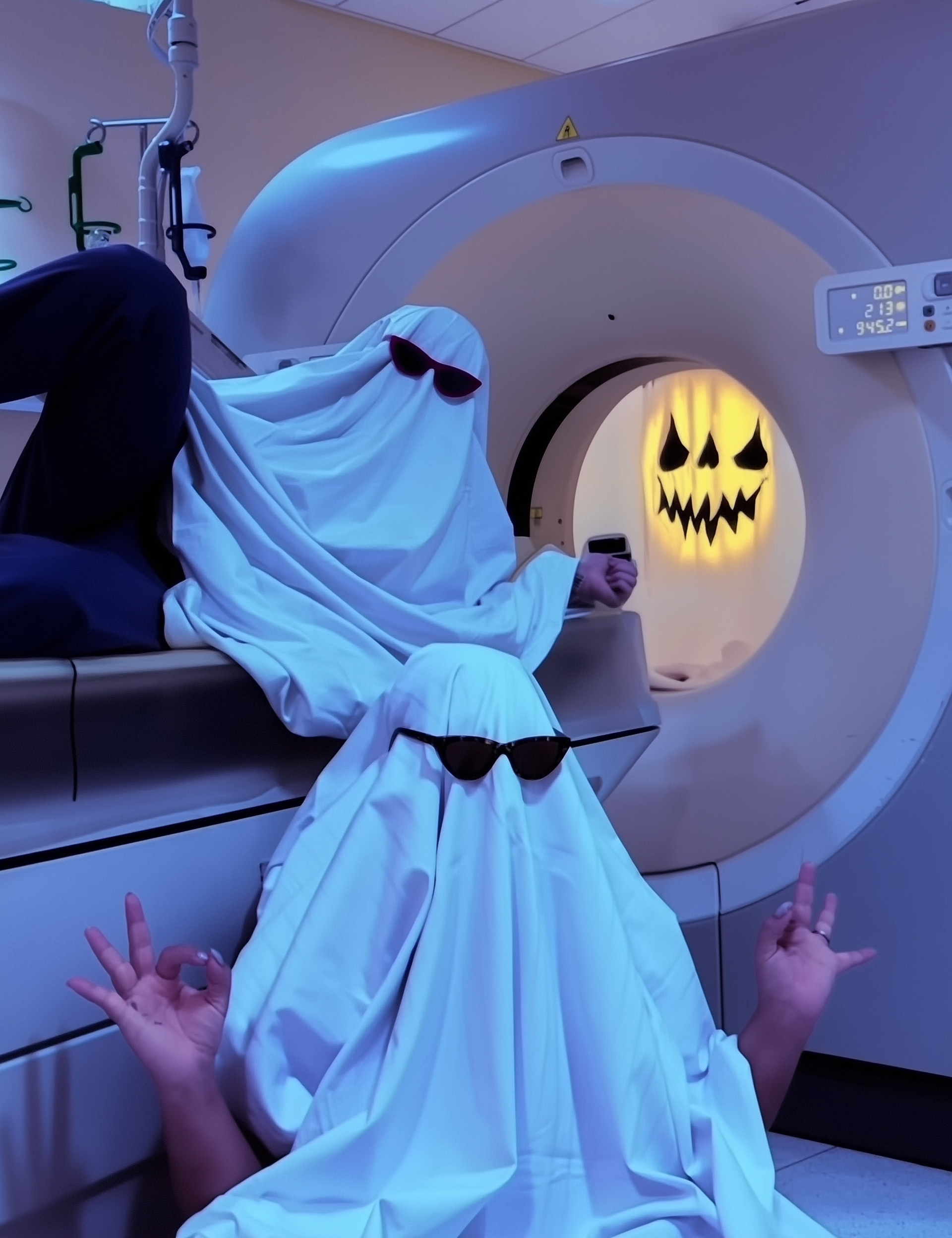 Pflegekräfte mit weißen Laken und Sonnenbrillen vor CT-Gerät – Teamgeist und Humor im Klinikalltag bei easyCare