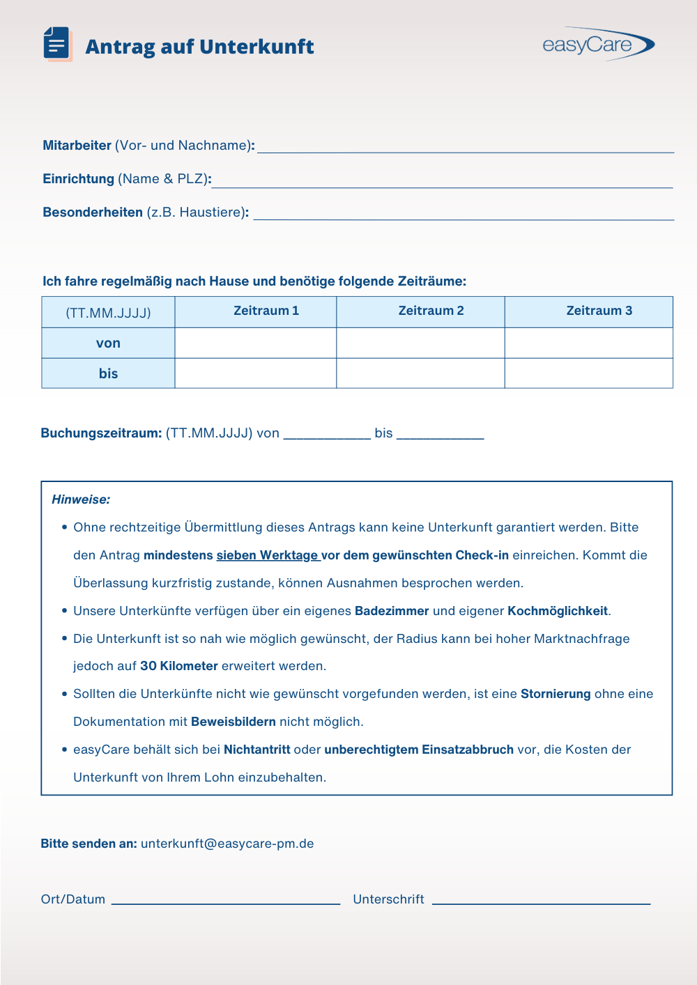 PDF-Formular Antrag auf Unterkunft für Pflegekräfte bei easyCare zur Einsatz- und Unterkunftsplanung