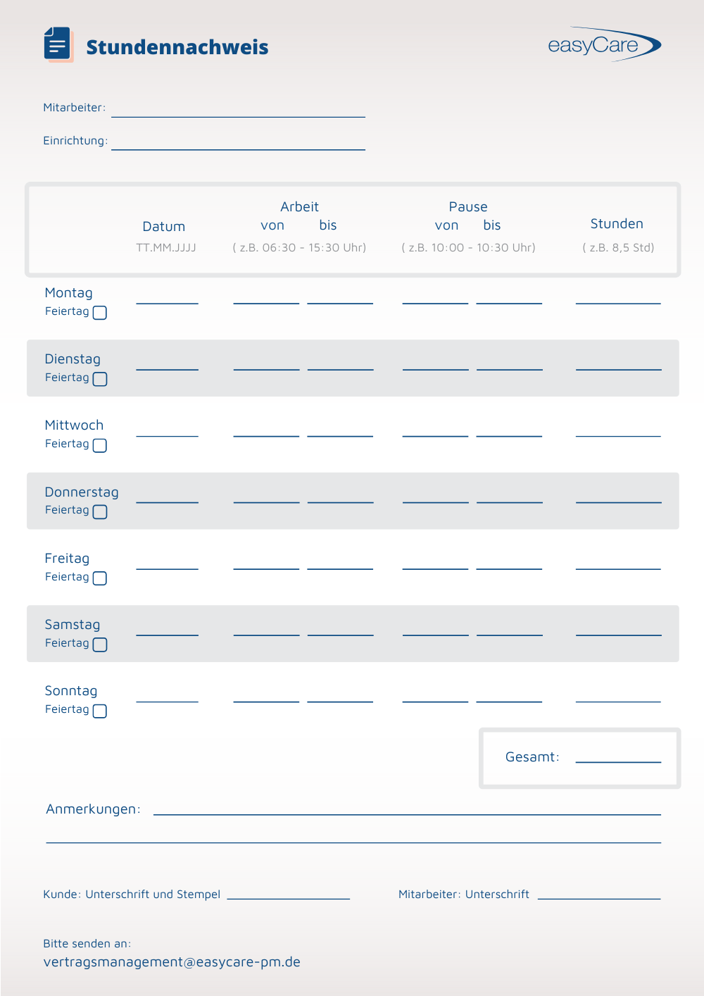 PDF-Stundennachweis für Pflegekräfte bei easyCare zur Dokumentation von Arbeitszeiten und Einsätzen