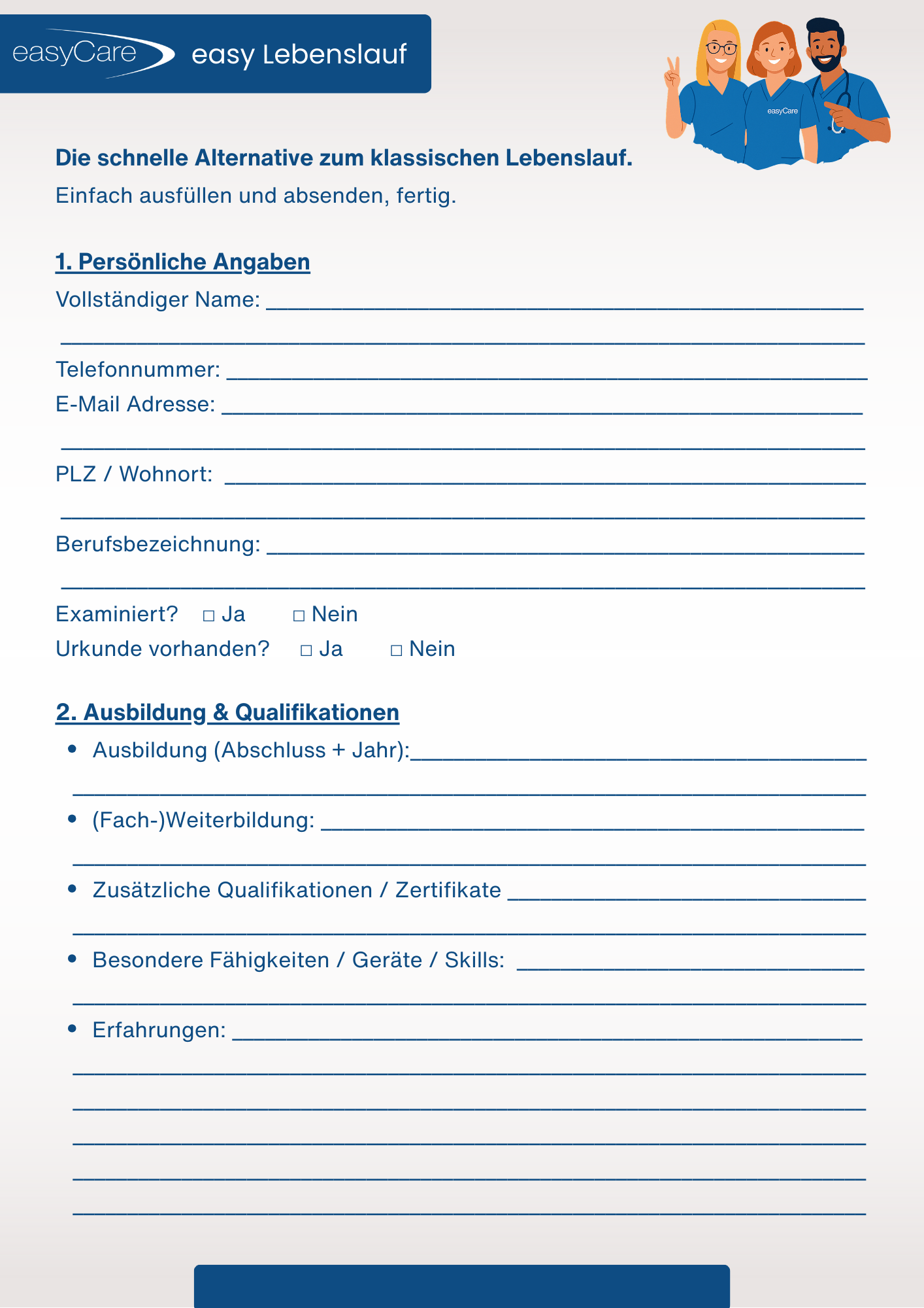 easyCare easy-Lebenslauf Formular - schnelle Alternative zum klassischen Lebenslauf für Pflegekräfte